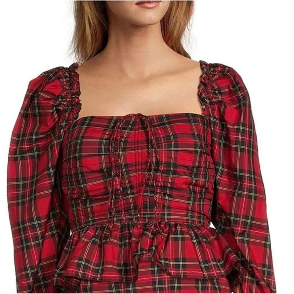 Antonio Melani Elvira Plaid Tie Square Neck Long Puffed Sleeve Blouse NWT 16